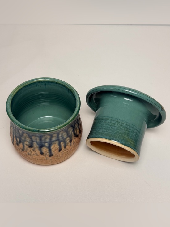 Other - Handmade Studio Pottery French Butter Keeper Crock Drip Glaze Green Blue Tan Art